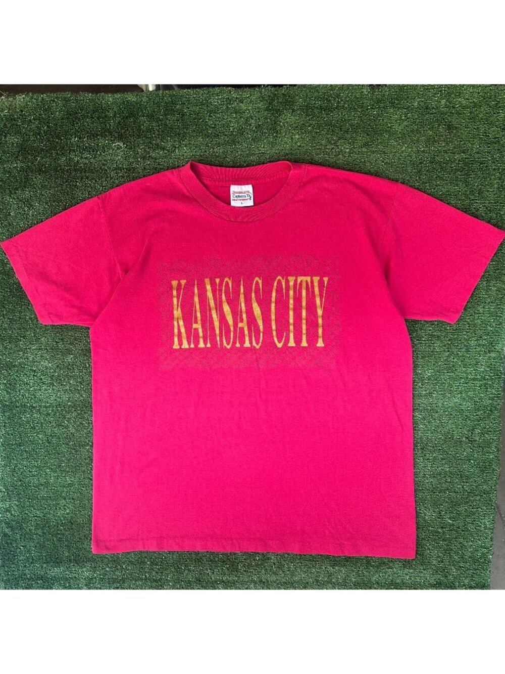 Vintage 80s Kansas City Missouri T-Shirt Single Stitch L Magenta Gold Glitter